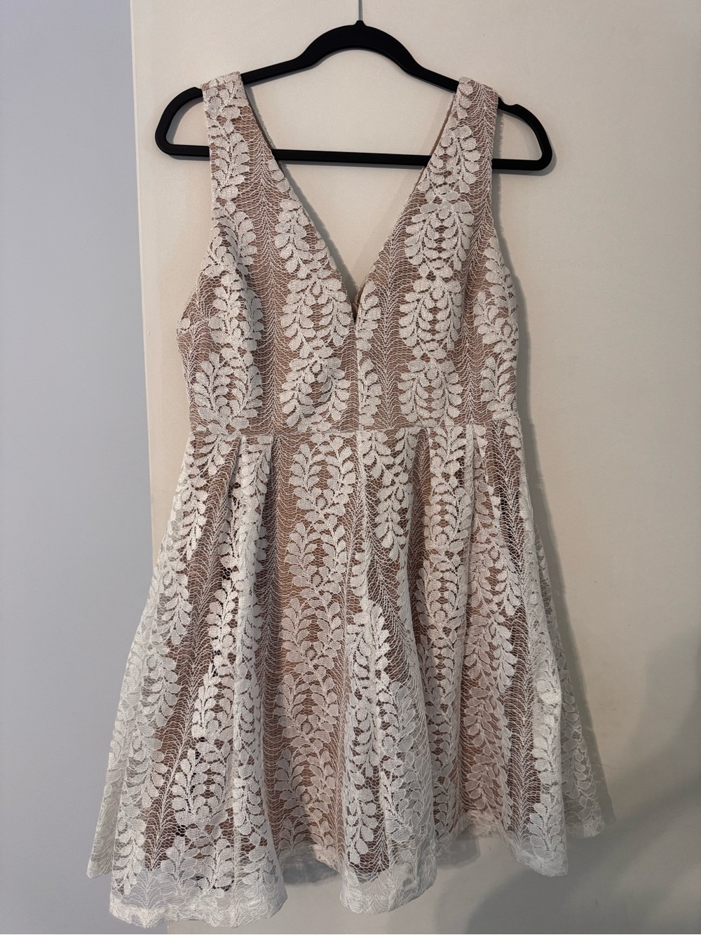 Lulu's White Lace A-Line Dress with Nude Underlay